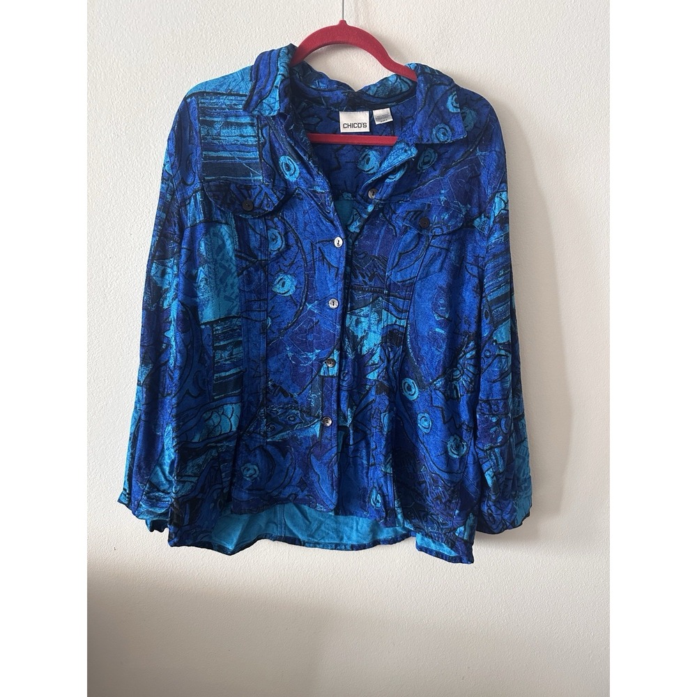 Chico's Blue Textured Button-Up Shirt Women Size 3 Abstract Artsy Heavyweight
